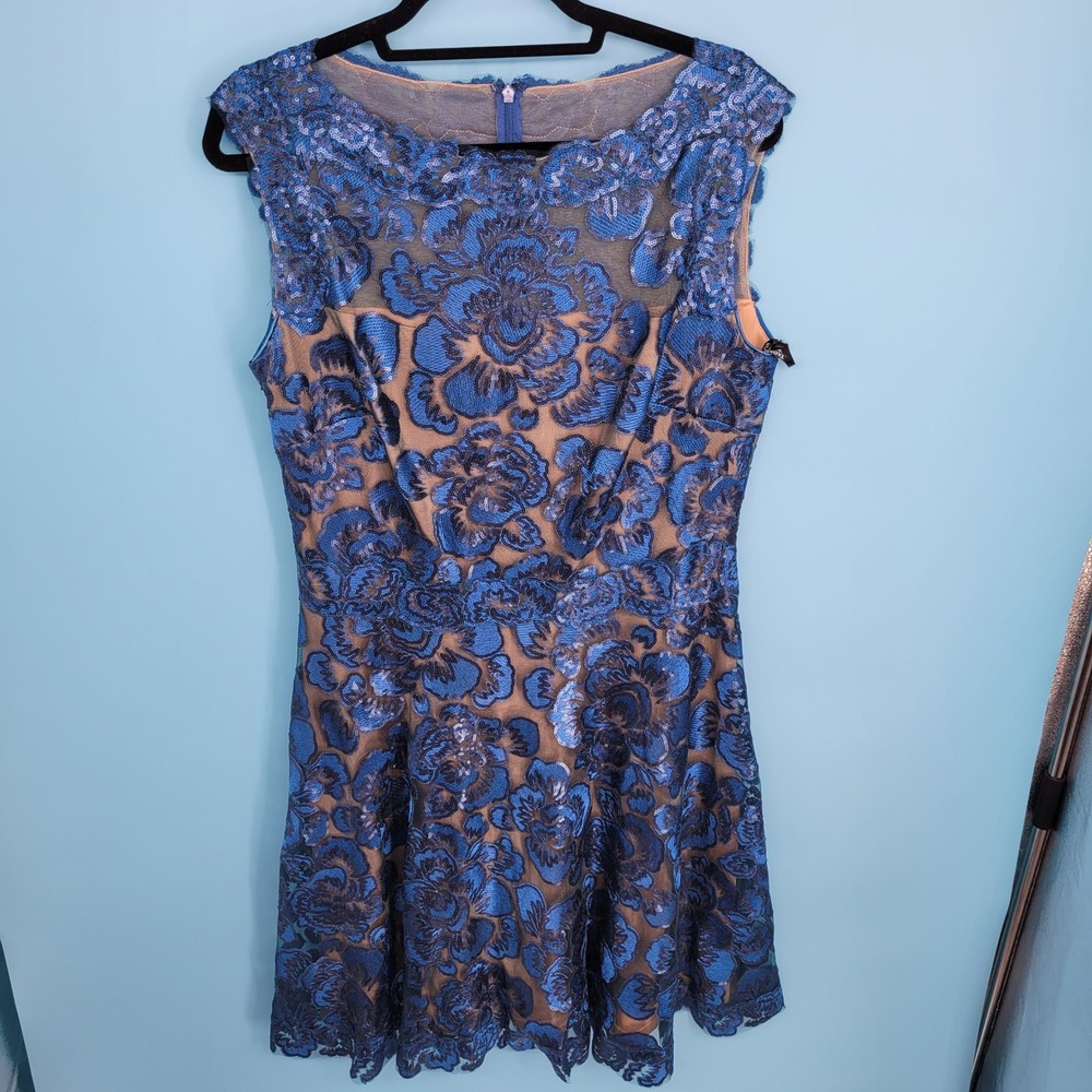 Tadashi Shoji Cocktail Dress Womens 14 Blue Sequin Floral Lace illusion neckline